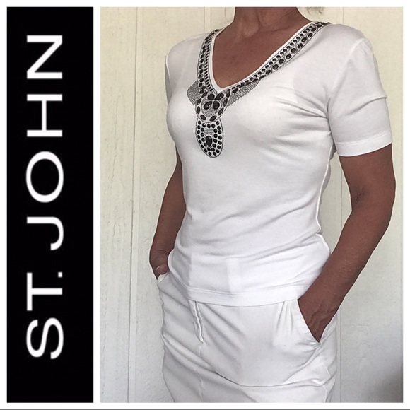 ST. JOHN WHITE EMBELLISHED V NECK TEE SHIRT MEDIUM - Picture 3 of 16